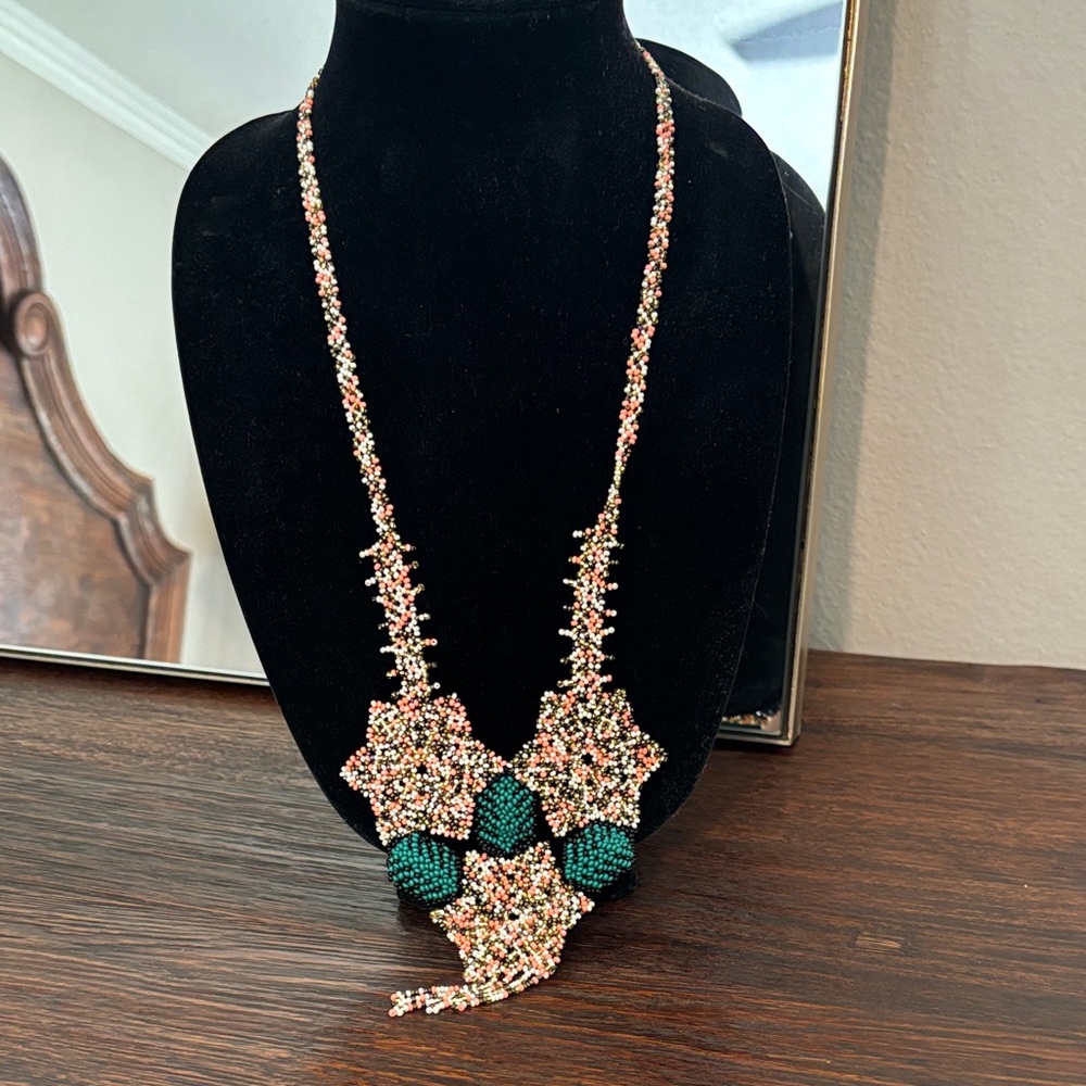 Handmade Multicolor Beaded Statement Necklace with Green Accents